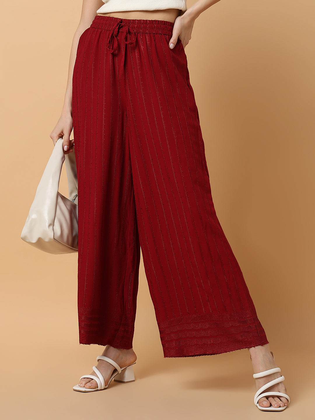 Women Maroon Solid Trouser