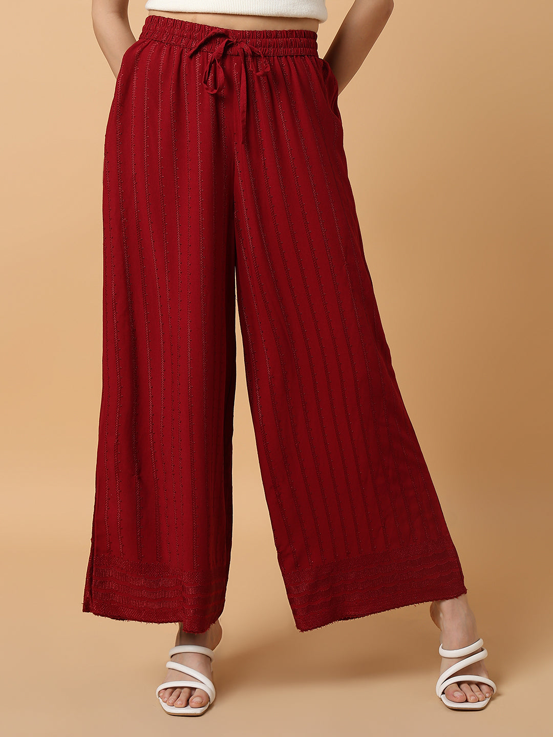 Women Maroon Solid Trouser