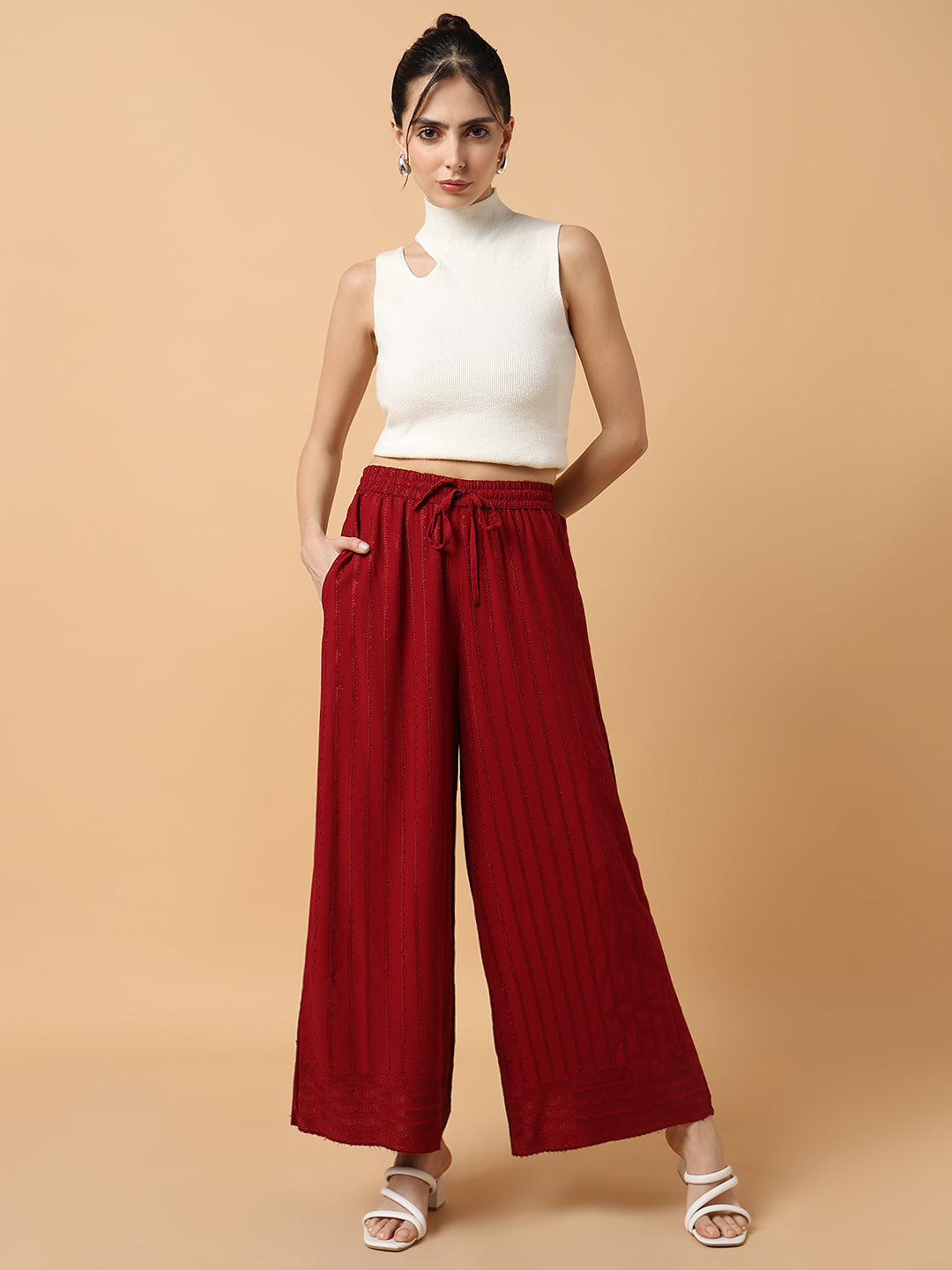 Women Maroon Solid Trouser