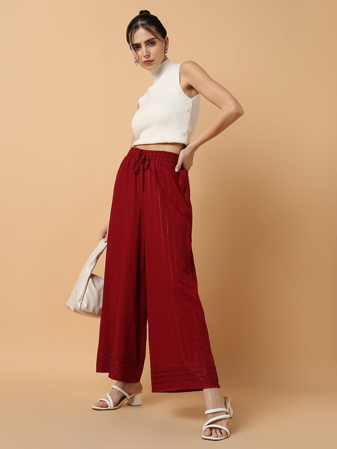 Women Maroon Solid Trouser