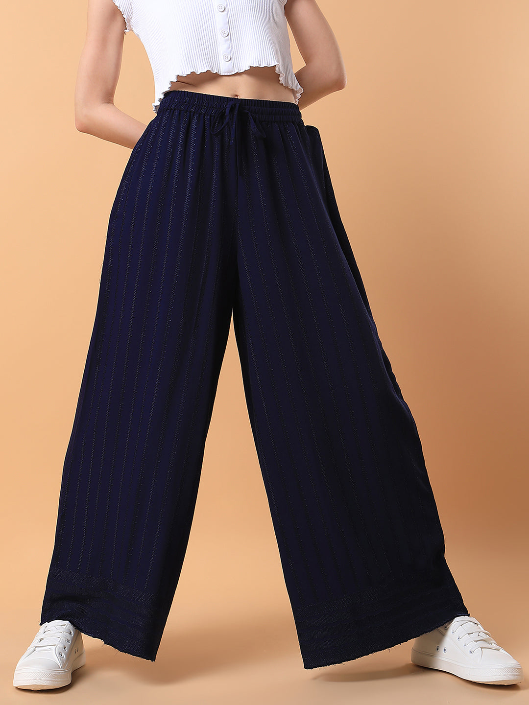 Women Navy Blue Solid Pleated Loose Fit Trouser