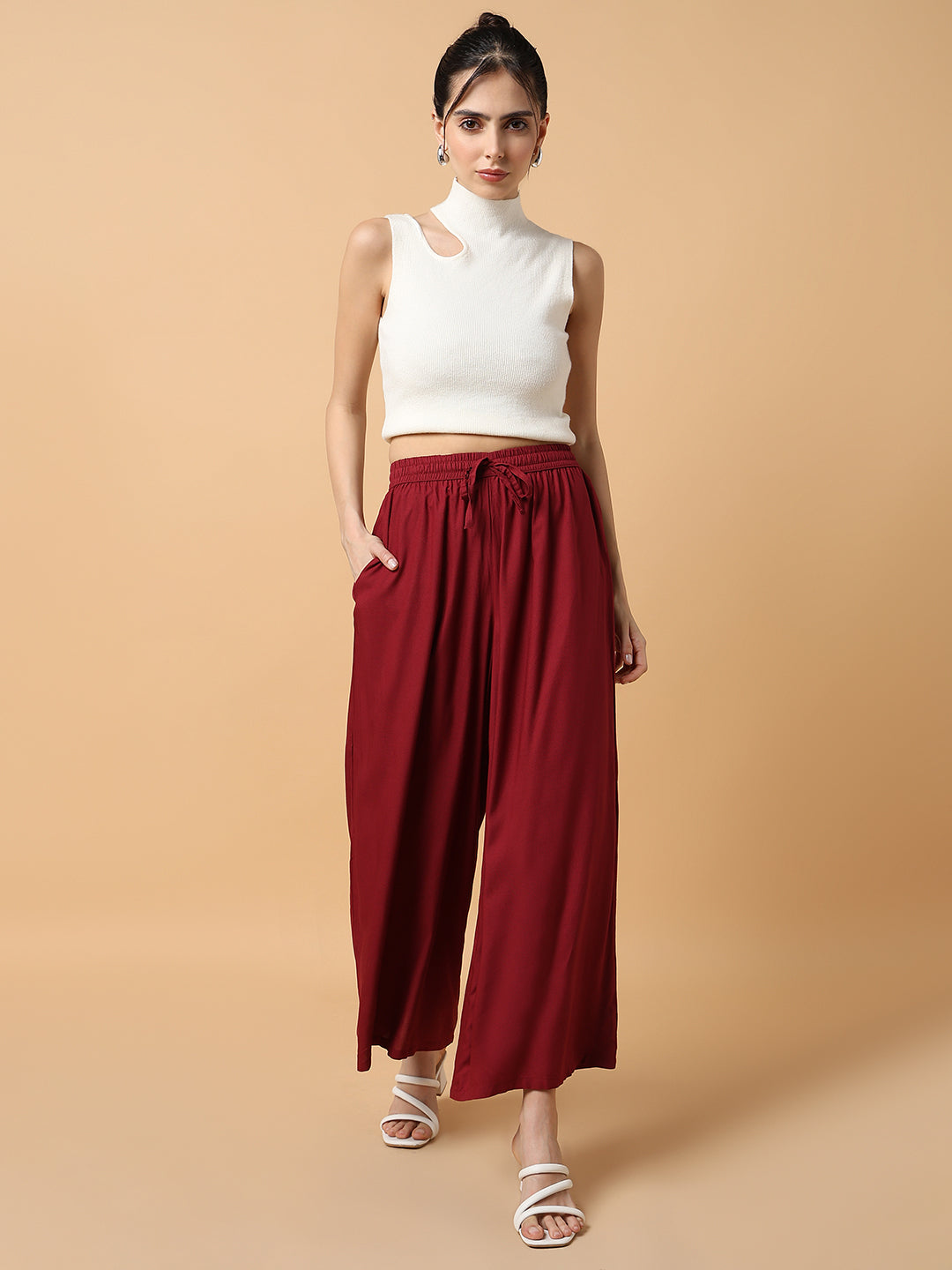 Women Maroon Solid Trouser