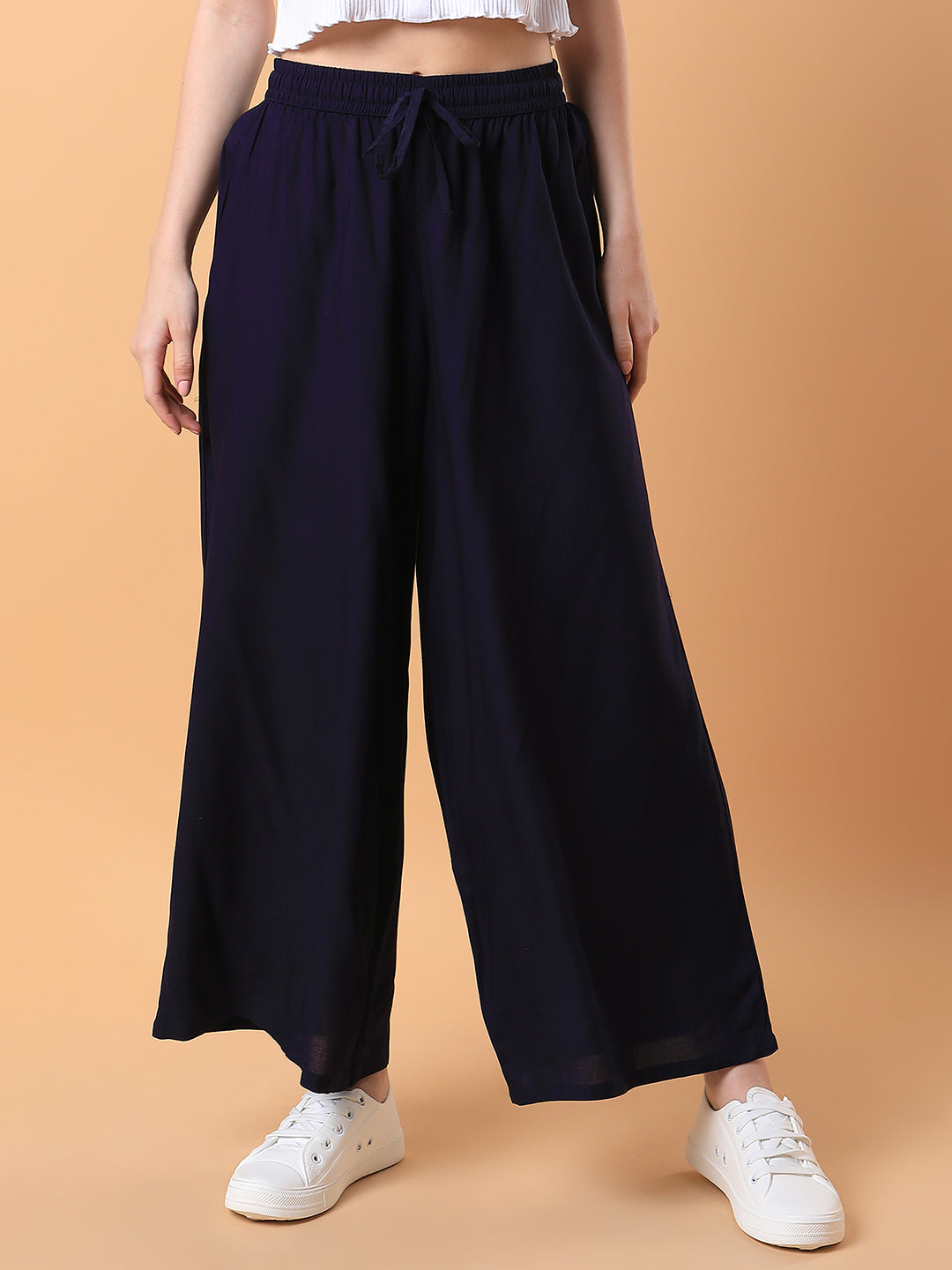 Women Navy Blue Solid Pleated Loose Fit Trouser