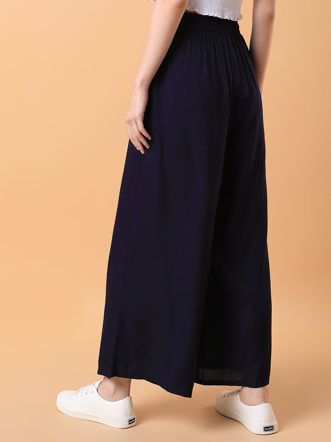 Women Navy Blue Solid Pleated Loose Fit Trouser