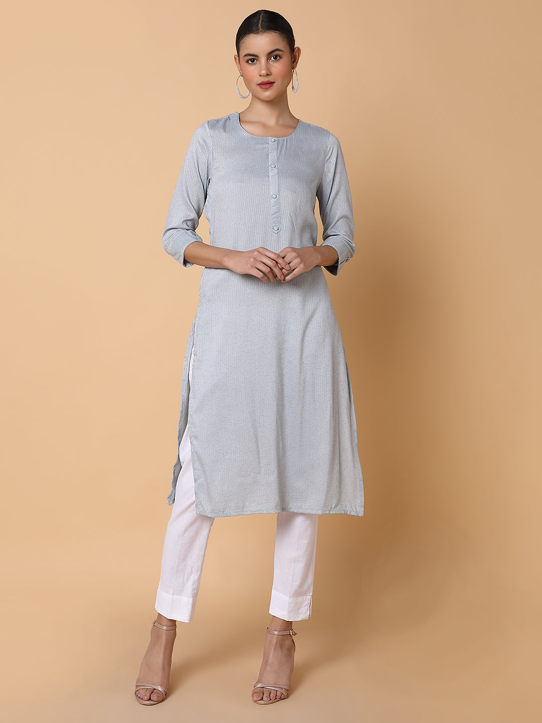 Women Solid Sequins Grey Straight Kurta