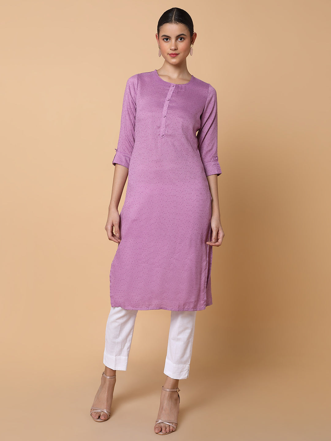 Women Solid Sequins Lavender Straight Kurta