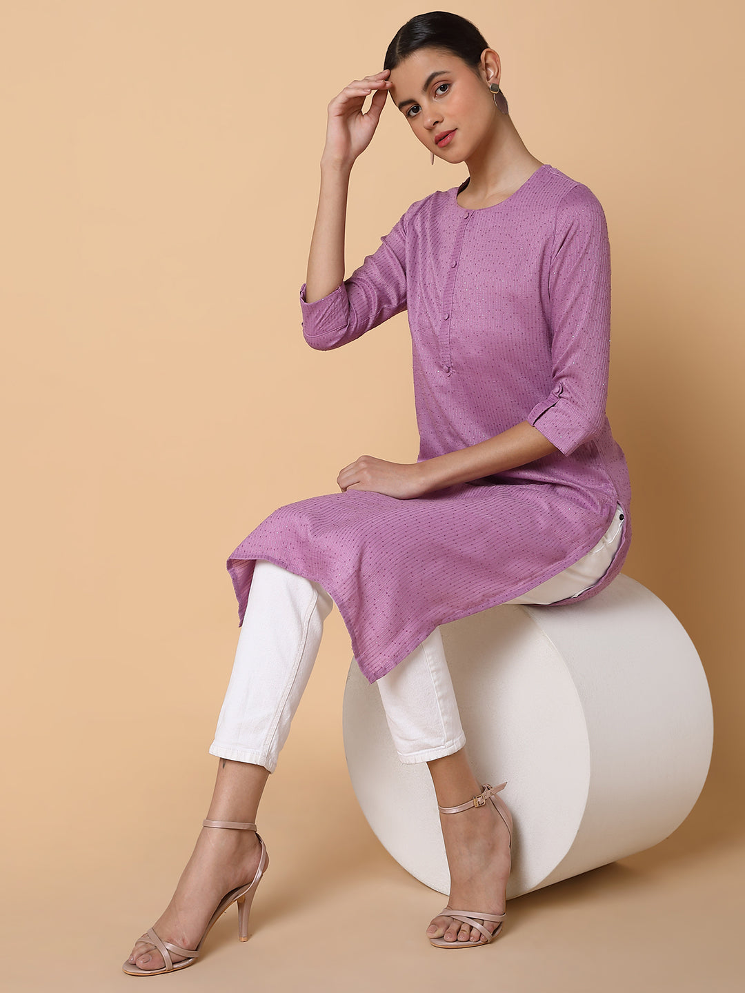 Women Solid Sequins Lavender Straight Kurta