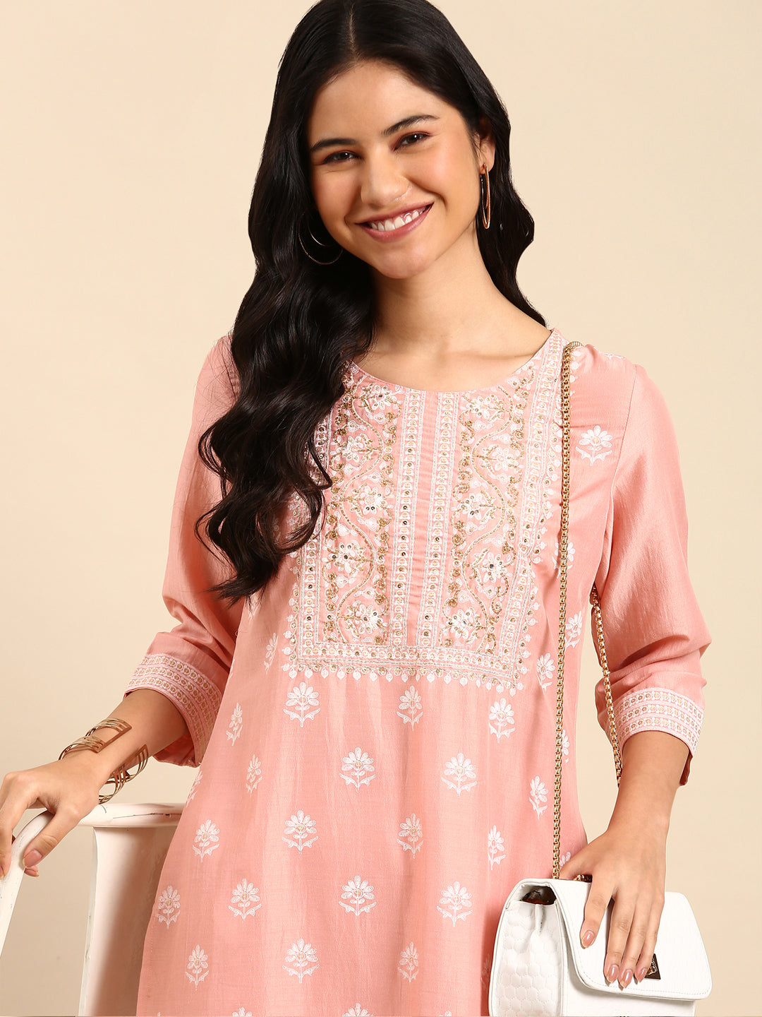 Women Solid Peach Straight Kurta Set