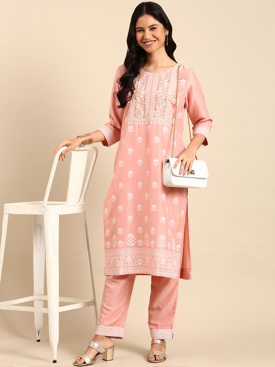 Women Solid Peach Straight Kurta Set