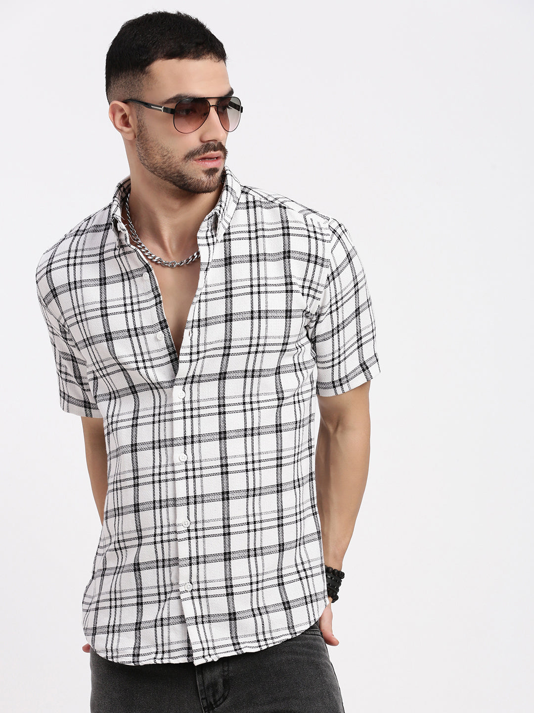 Men White Checked Slim Fit Shirt