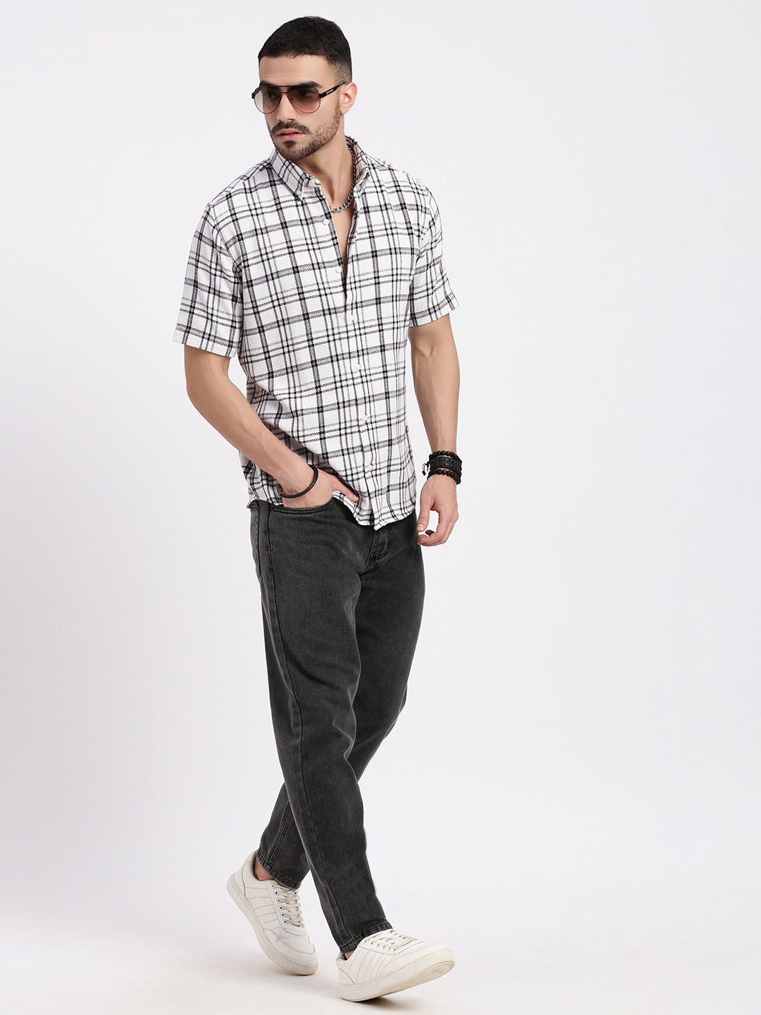 Men White Checked Slim Fit Shirt