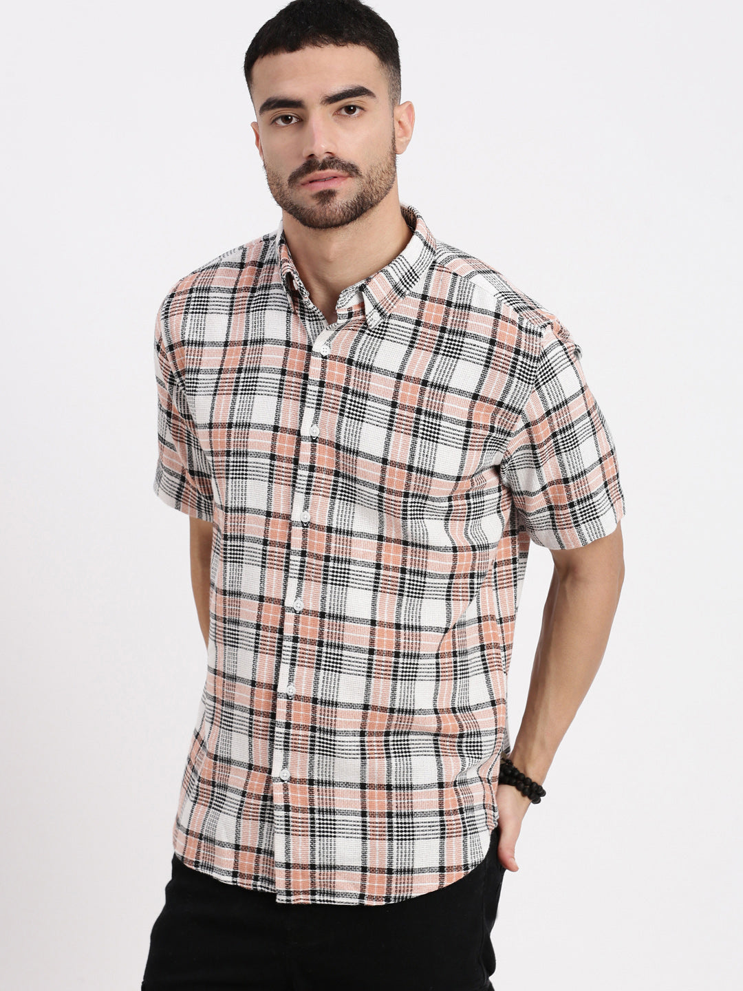 Men Peach Checked Slim Fit Shirt