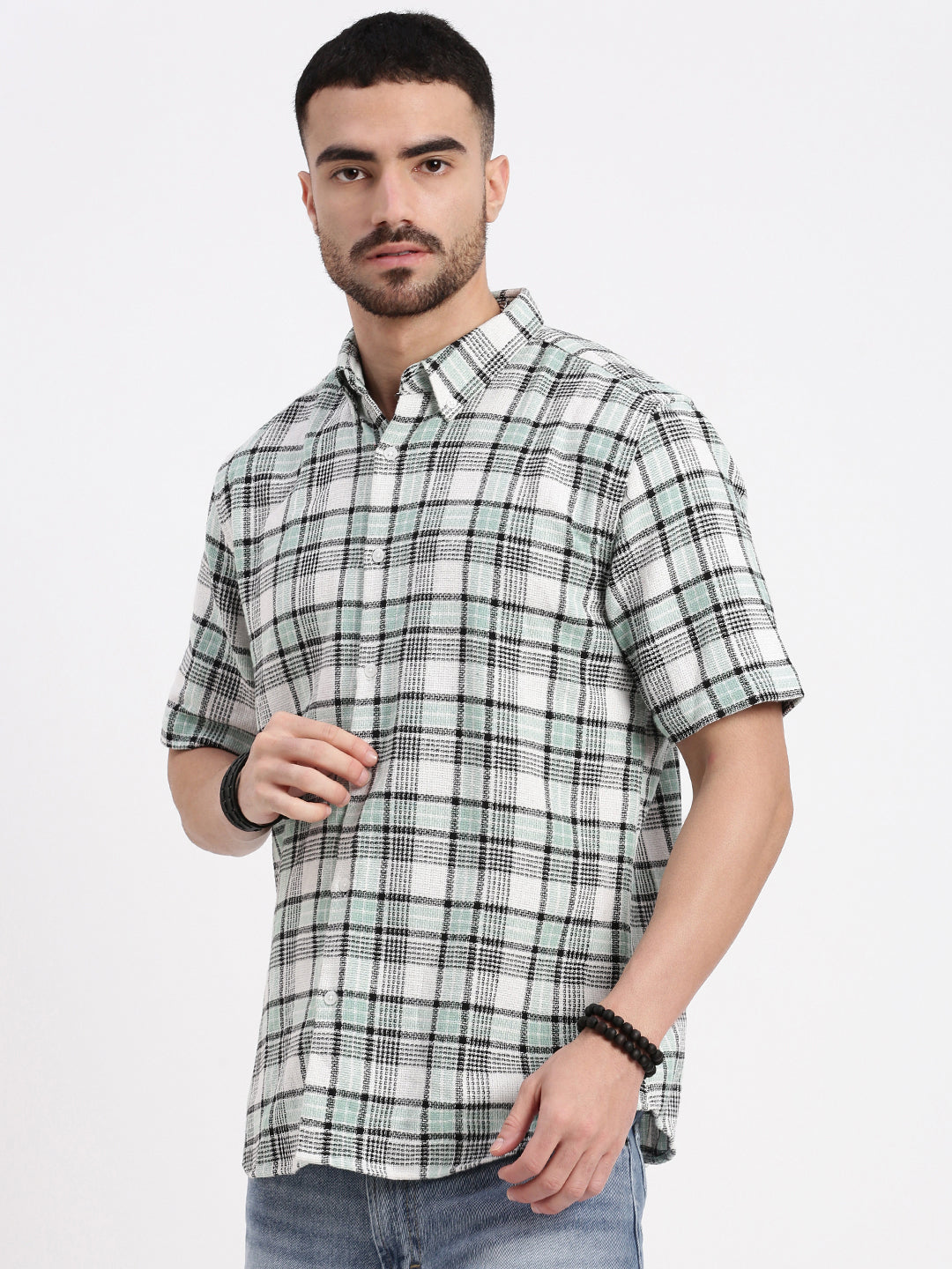 Men Green Checked Slim Fit Shirt