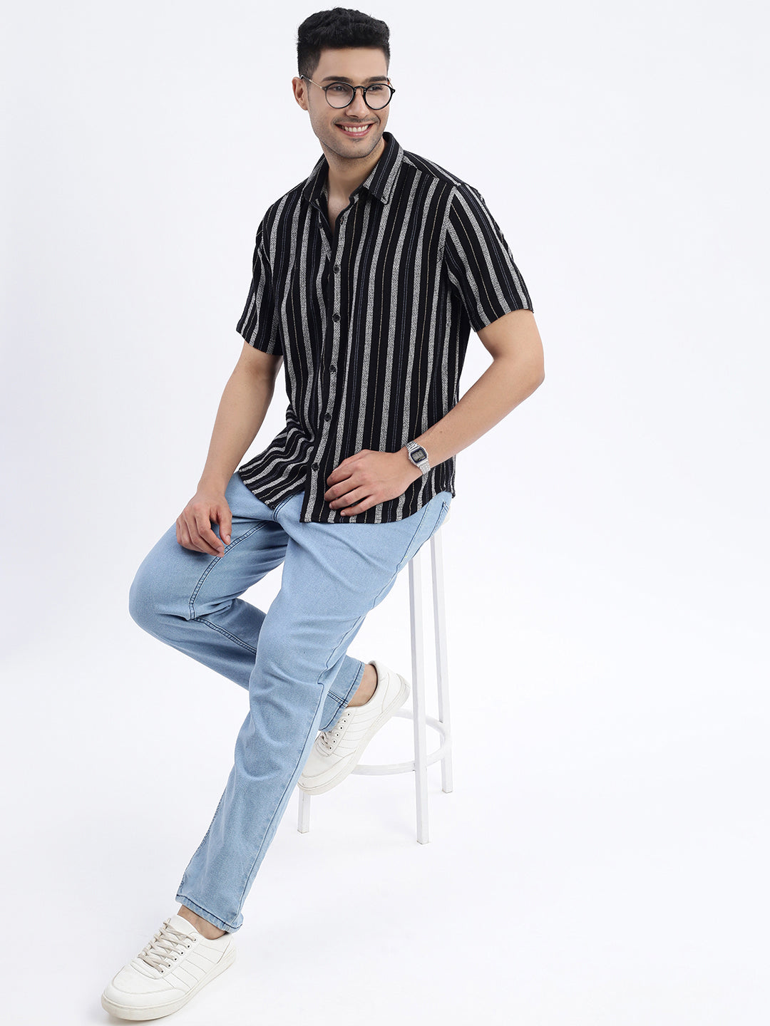 Men Black Striped Slim Fit Shirt