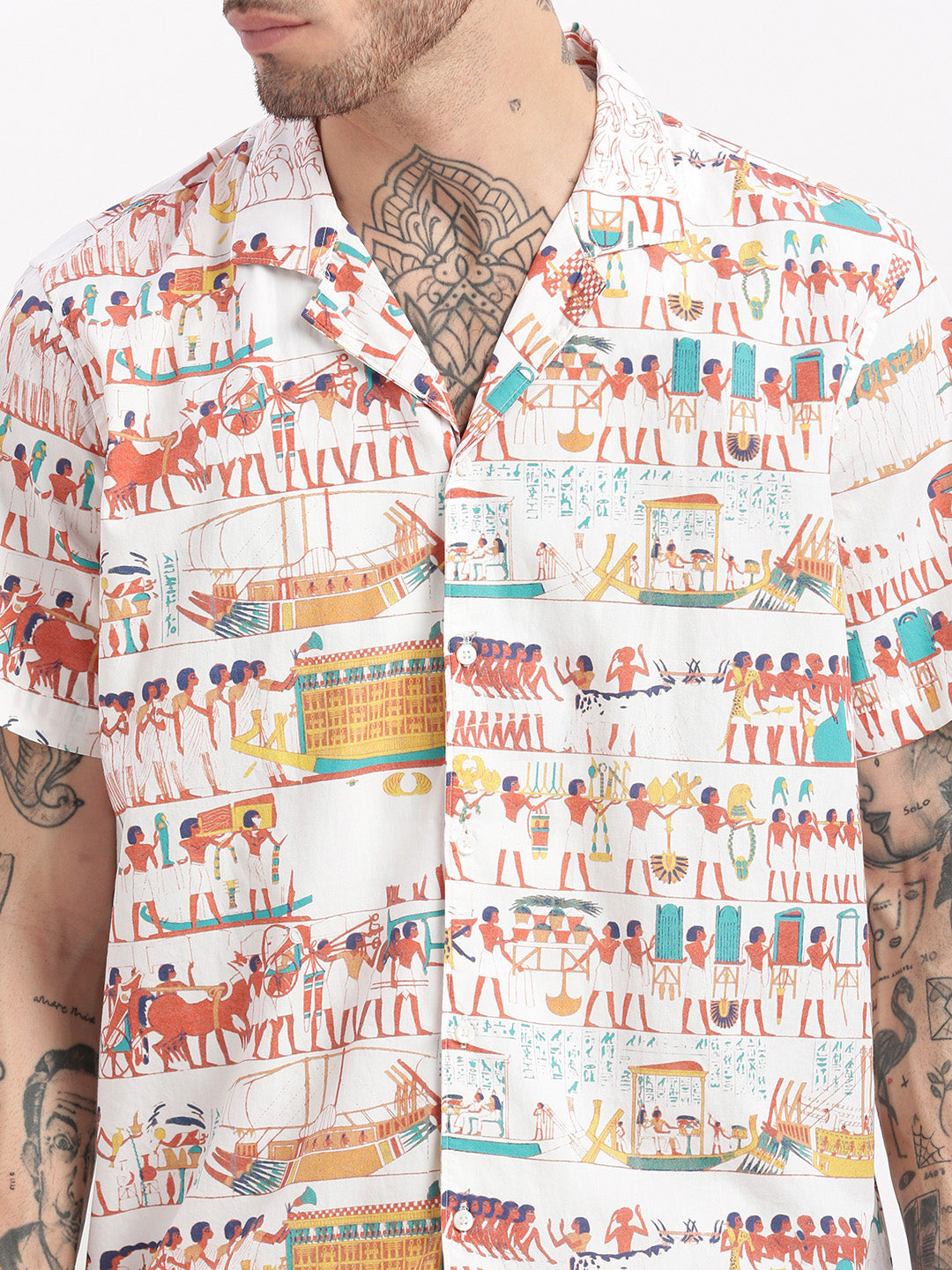 Men Graphic Cuban Collar Off White Co-Ords Set