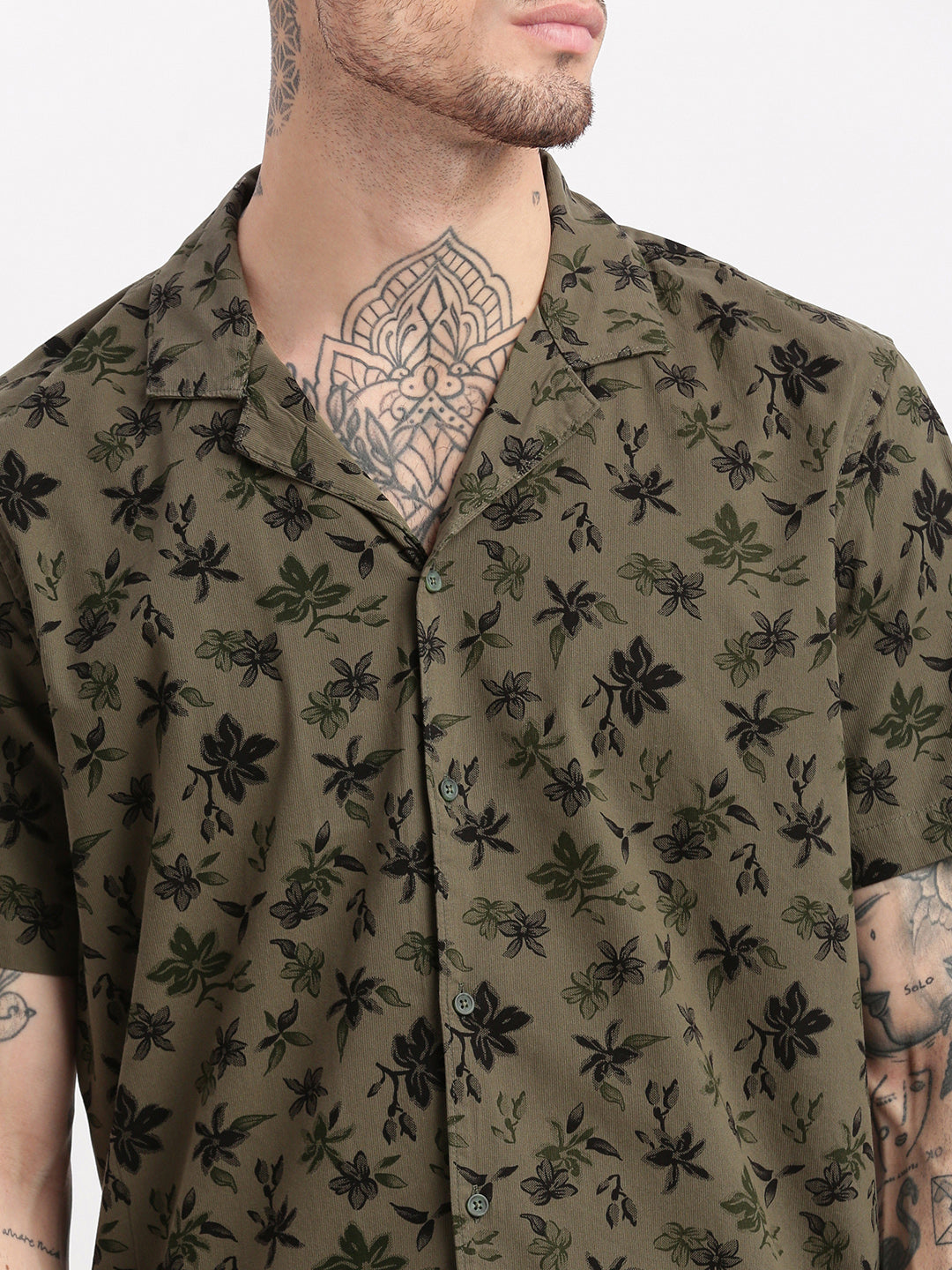 Men Floral Cuban Collar Olive Co-Ords Set