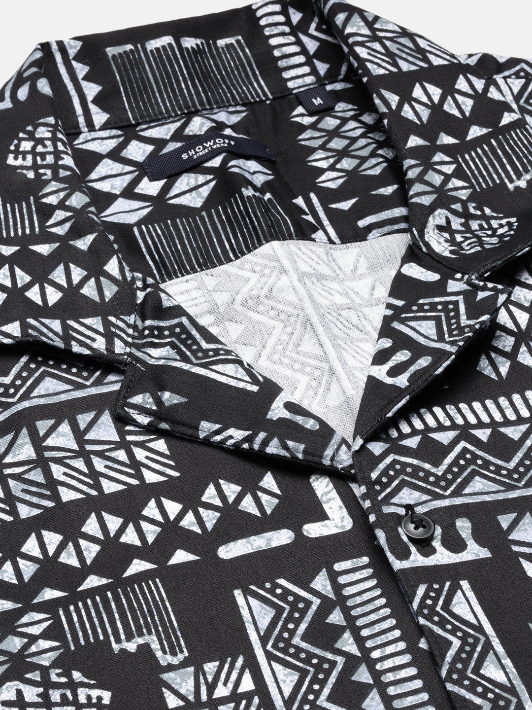Men Geometric Print Cuban Collar Black Co-Ords Set