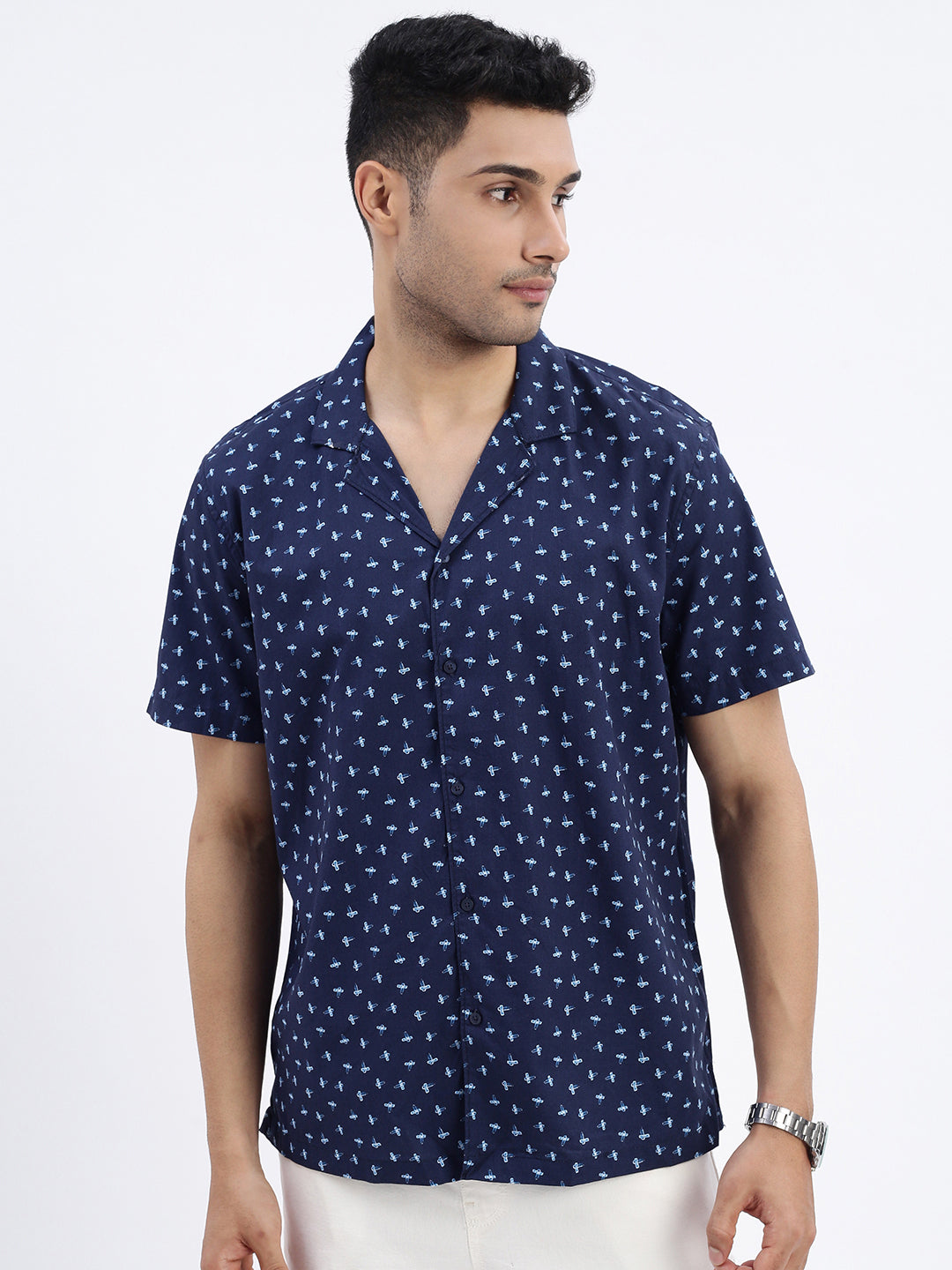 Men Navy Blue Micro Print Cuban Collar Shirt