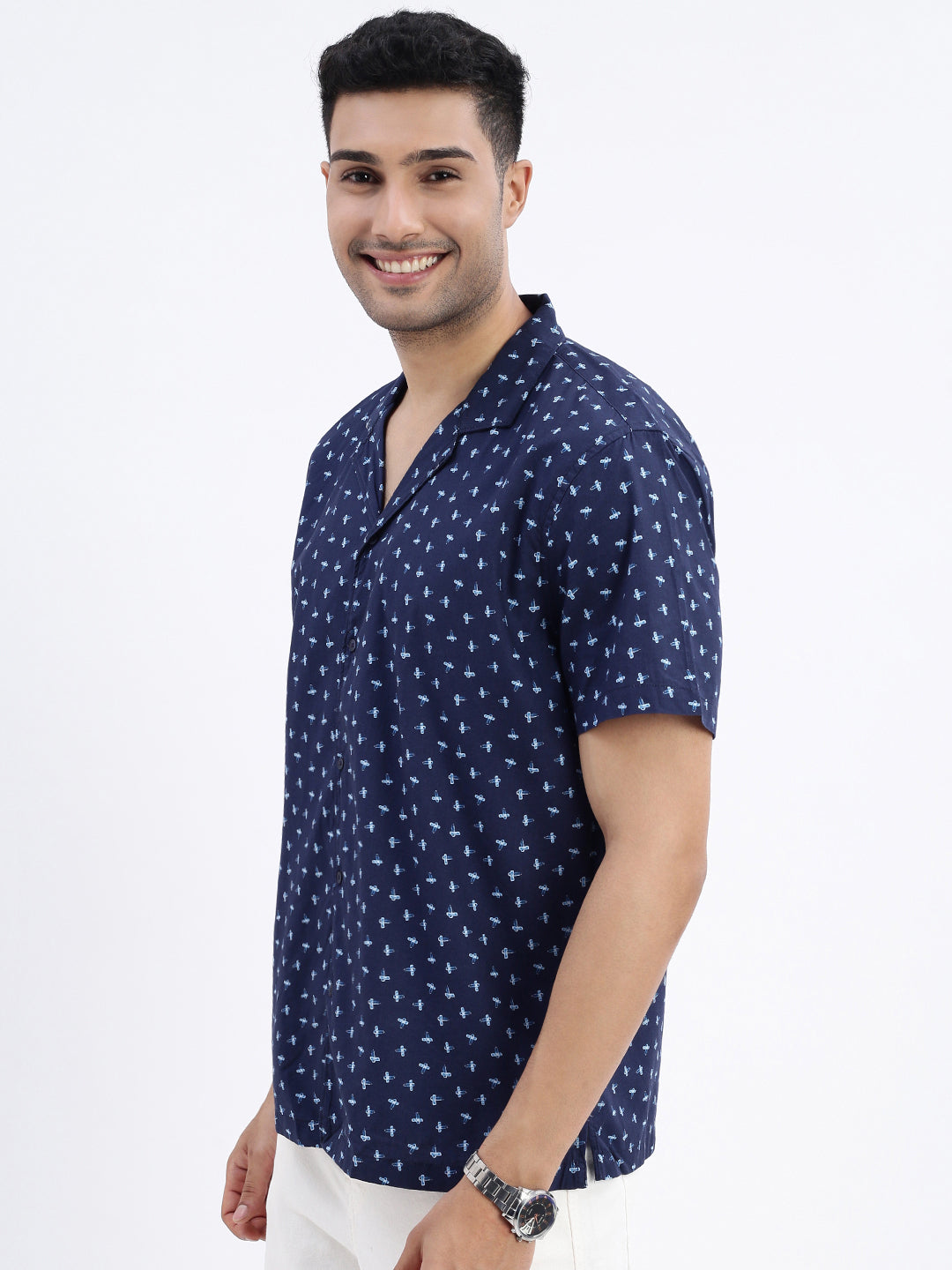 Men Navy Blue Micro Print Cuban Collar Shirt