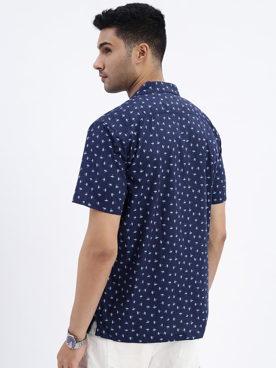 Men Navy Blue Micro Print Cuban Collar Shirt