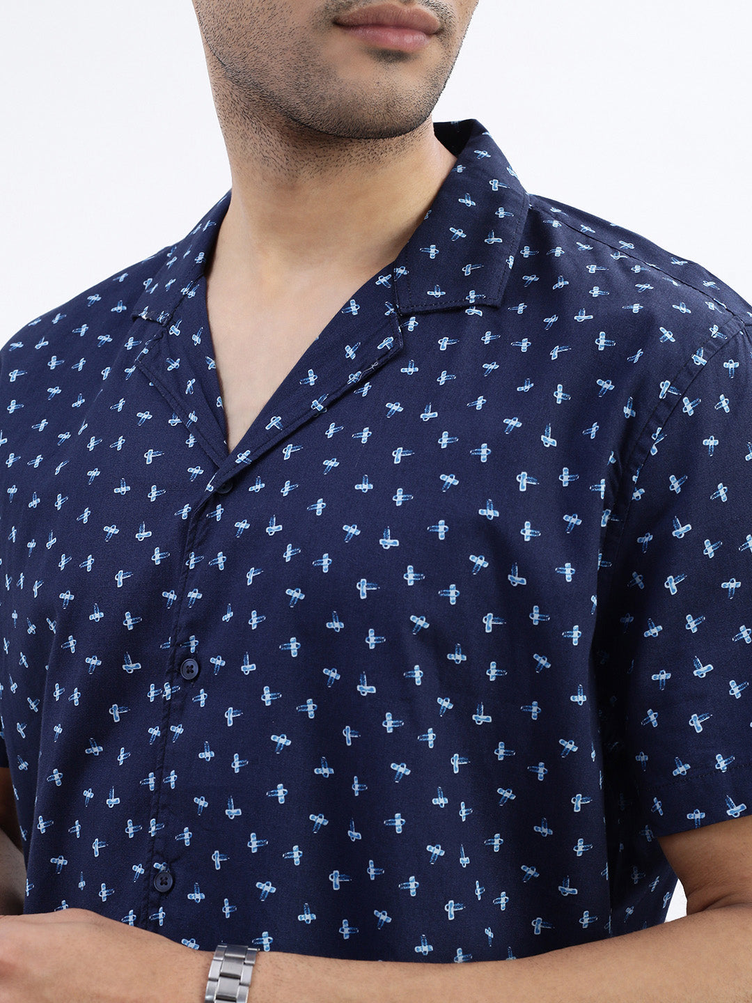 Men Navy Blue Micro Print Cuban Collar Shirt