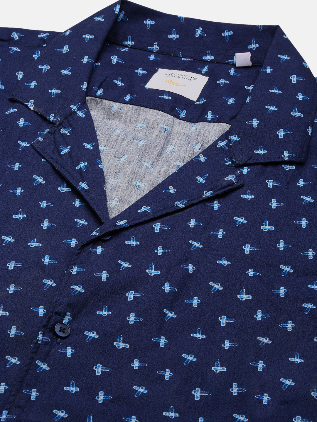 Men Navy Blue Micro Print Cuban Collar Shirt