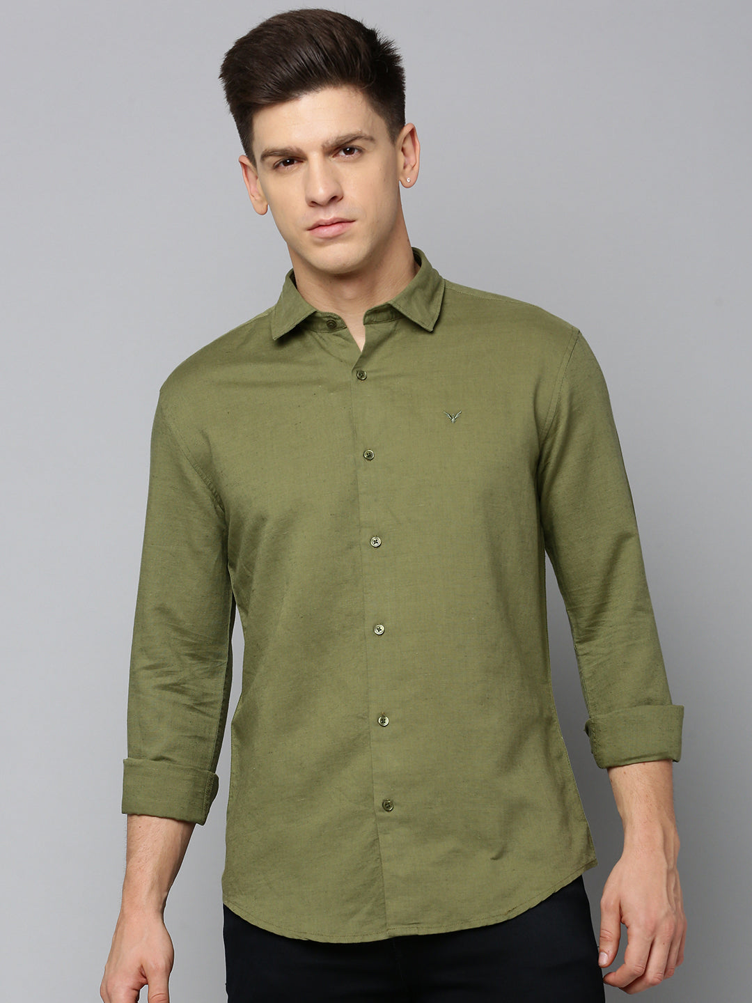 Men Spread Collar Solid Olive Shirt