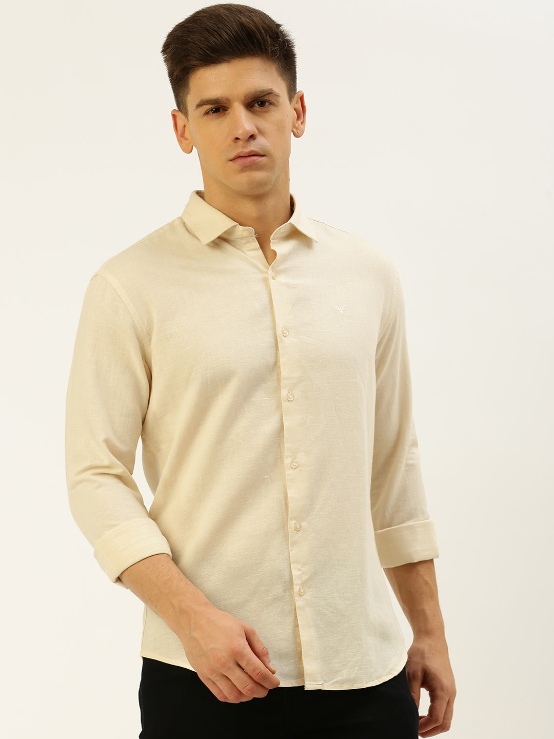 Men Spread Collar Solid Cream Shirt