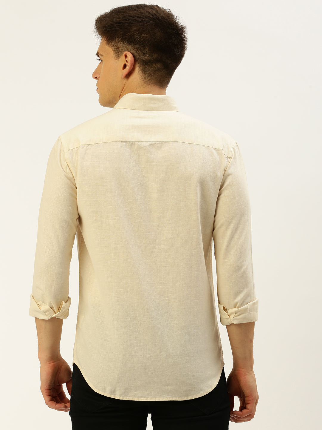 Men Spread Collar Solid Cream Shirt