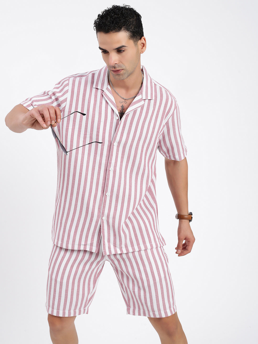 Men Striped Pink Co Ords Set