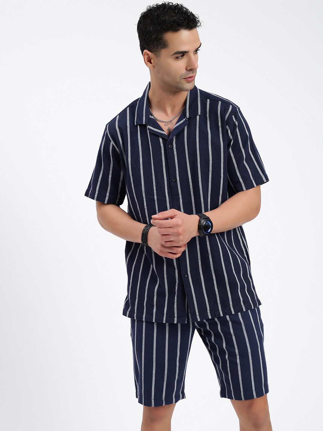 Men Striped Navy Blue Co Ords Set