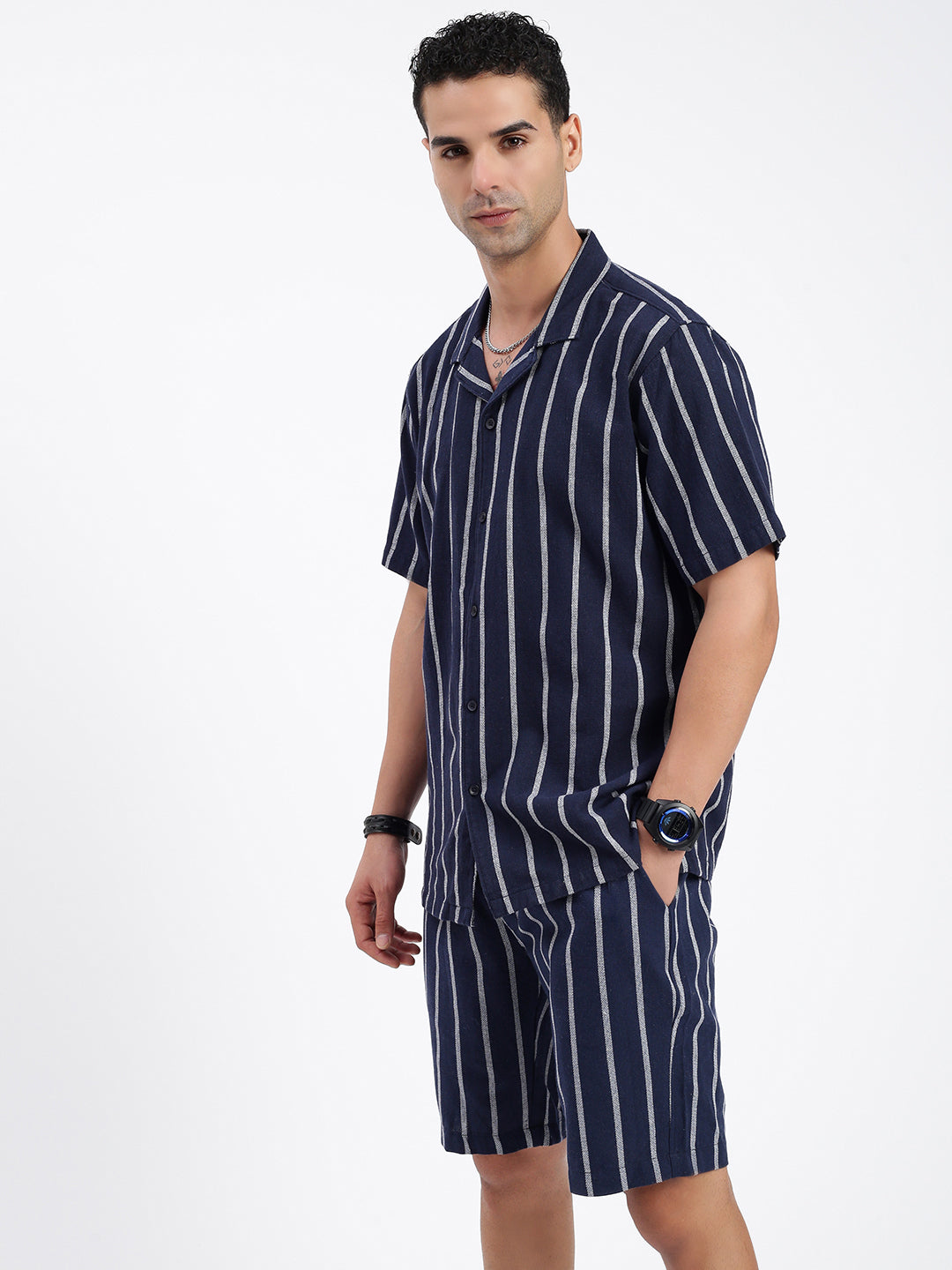 Men Striped Navy Blue Co Ords Set