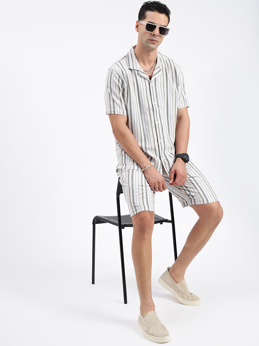 Men Striped White Co Ords Set