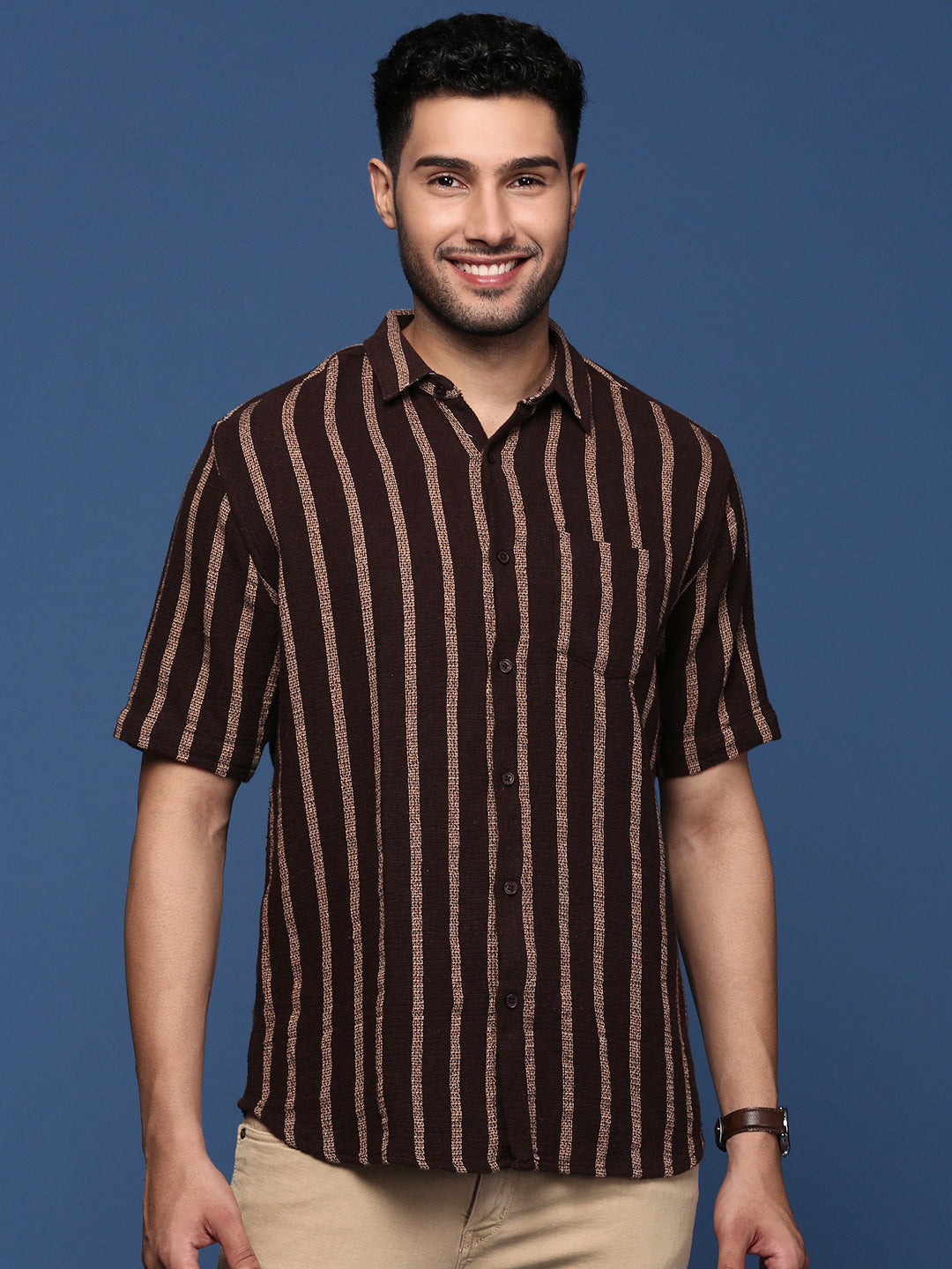 Men Striped Brown Slim Fit Shirt