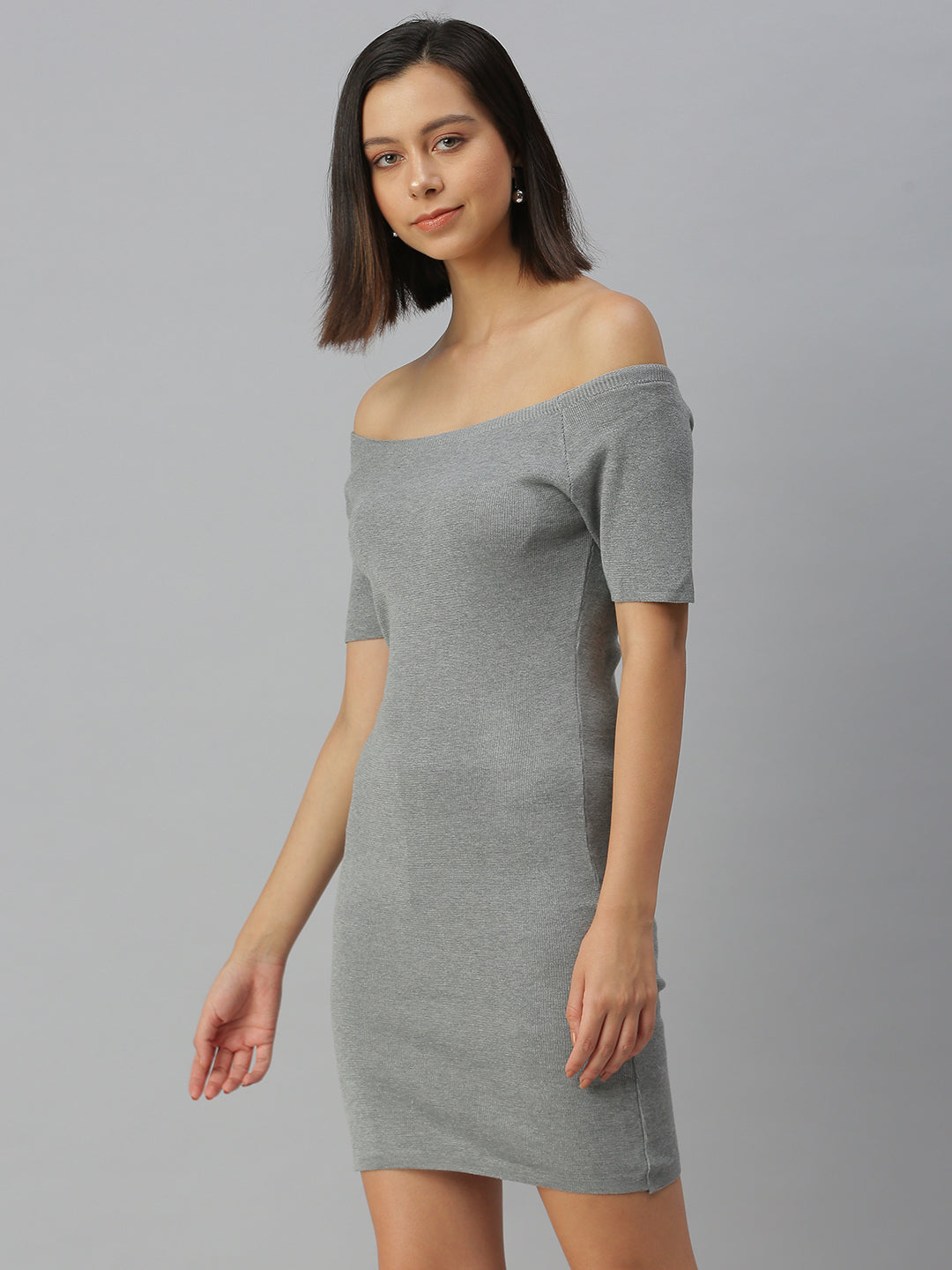 Women Boat Neck Solid Bodycon Grey Dress