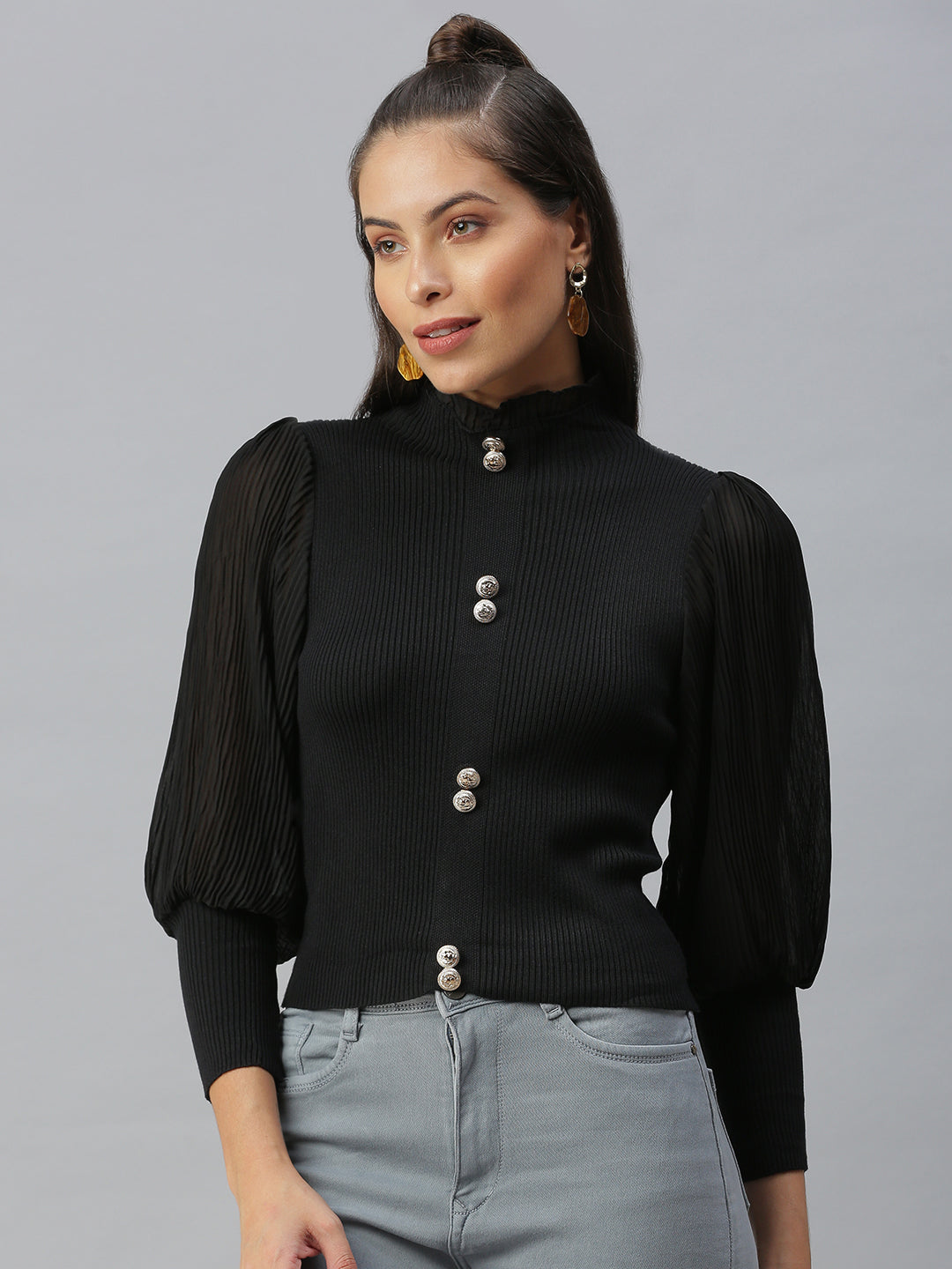 Women High Neck Solid Black Fitted Top