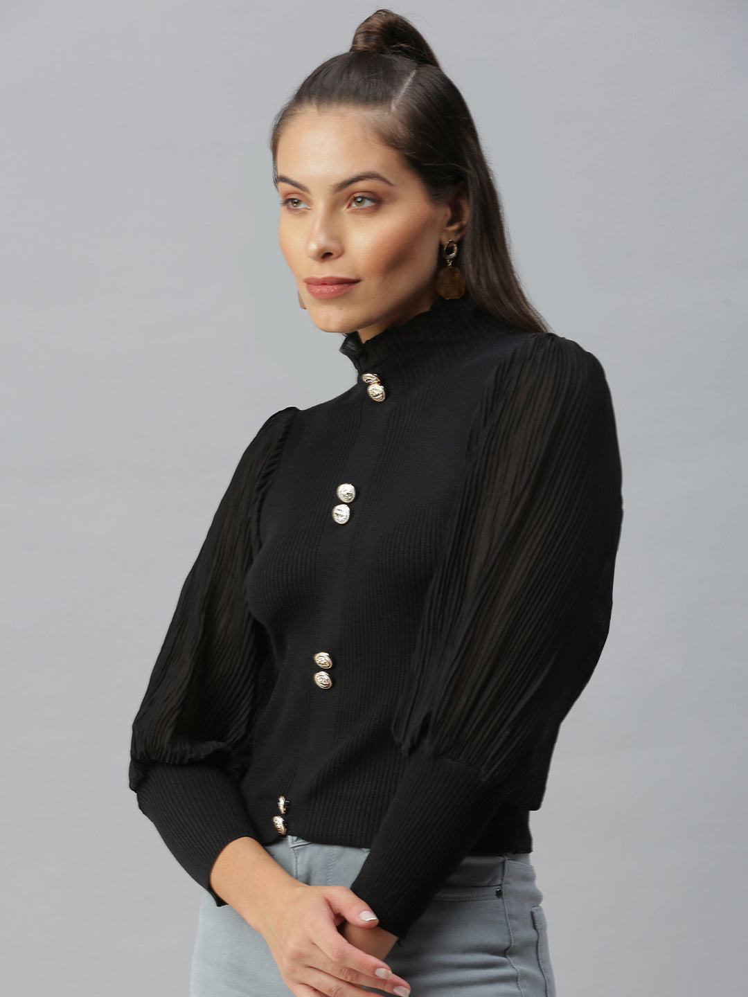 Women High Neck Solid Black Fitted Top