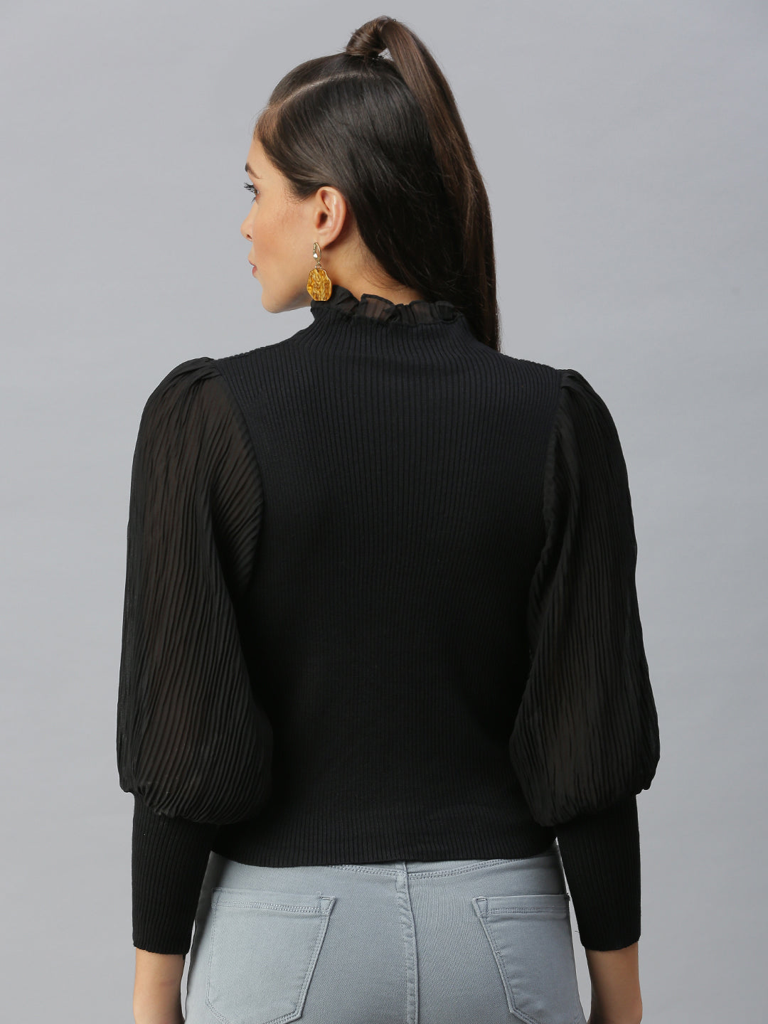 Women High Neck Solid Black Fitted Top
