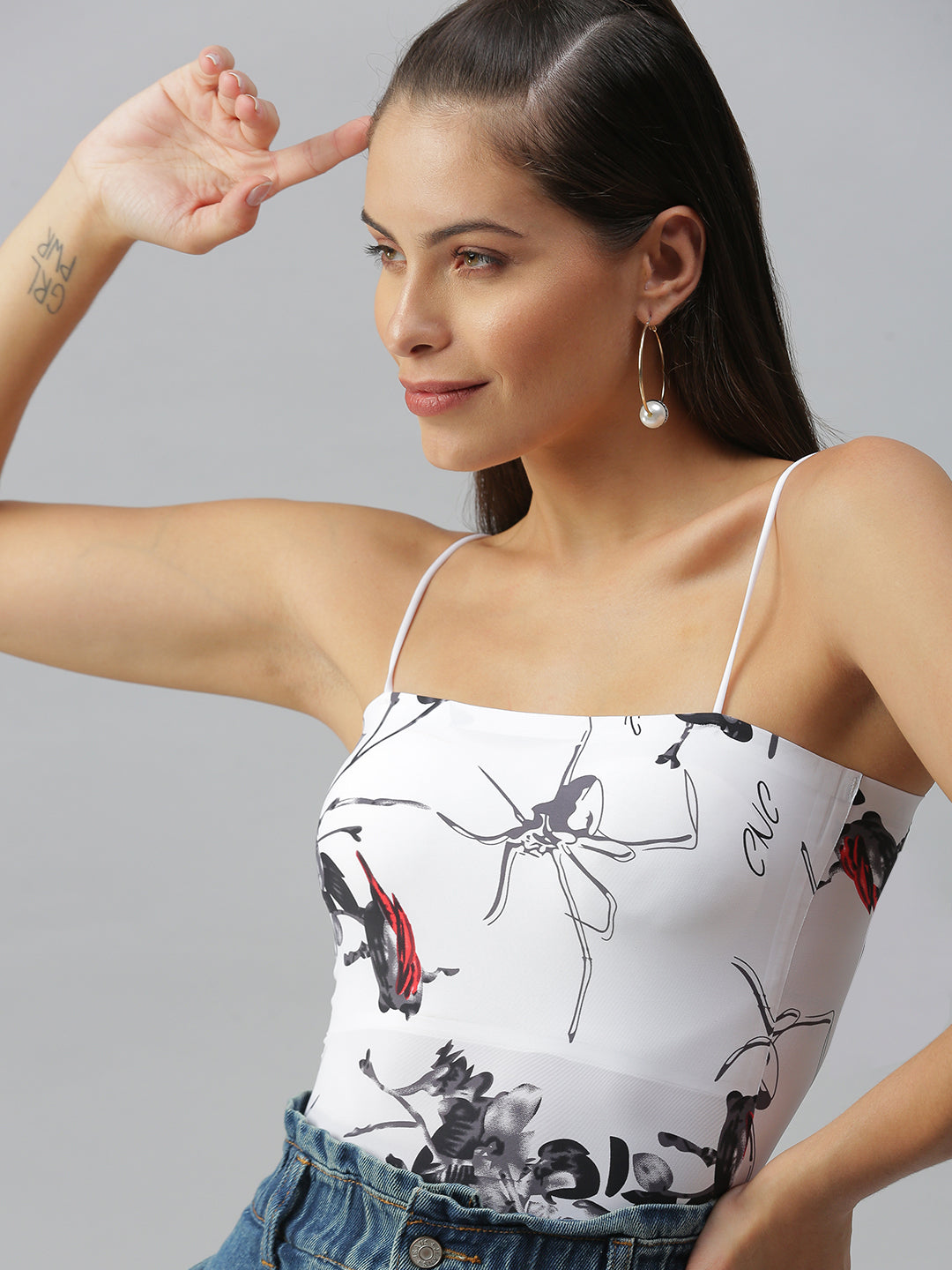 Women Shoulder Straps Printed White Tube Top