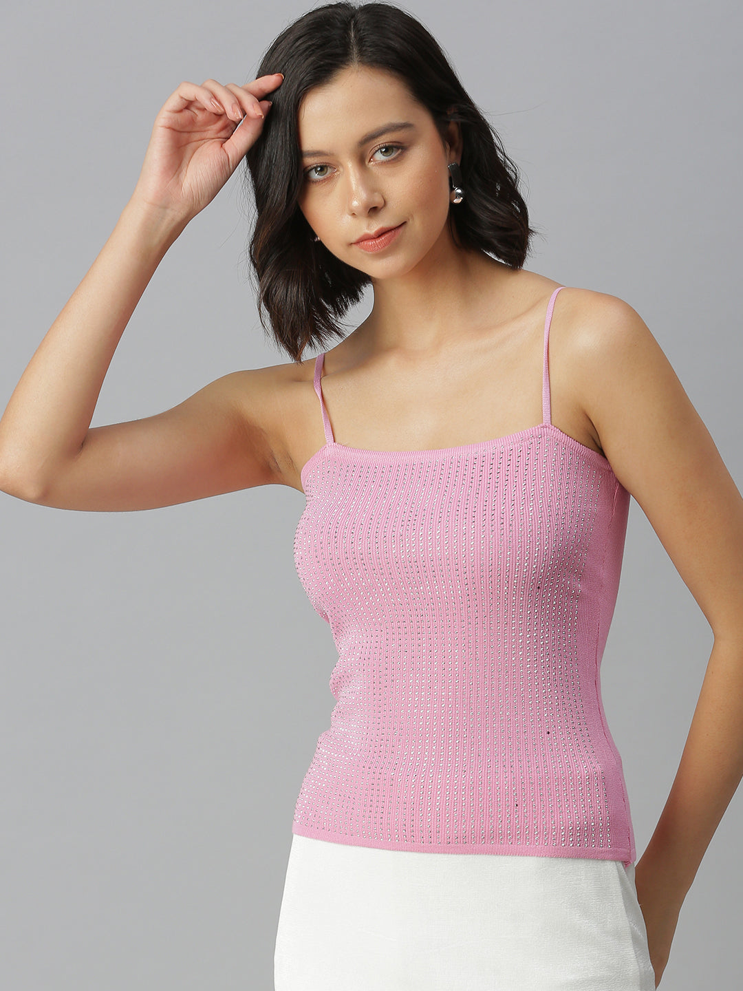 Women Shoulder Straps Solid Pink Fitted Top