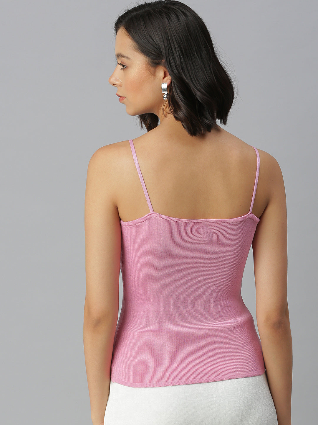 Women Shoulder Straps Solid Pink Fitted Top