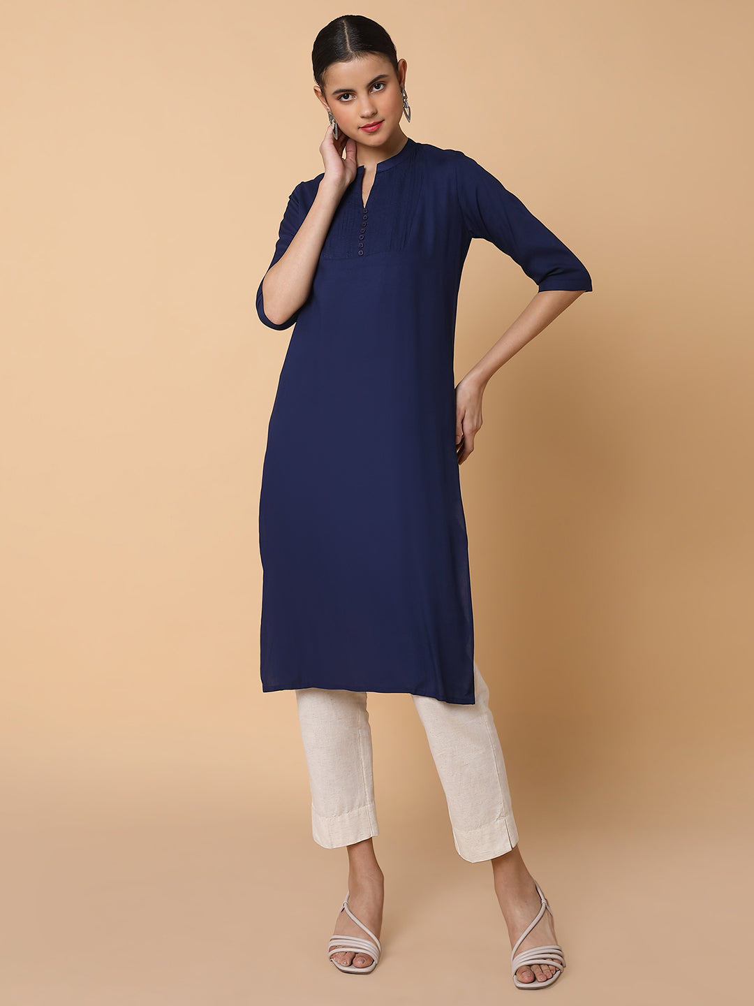 Women Straight Navy Blue Solid Kurta