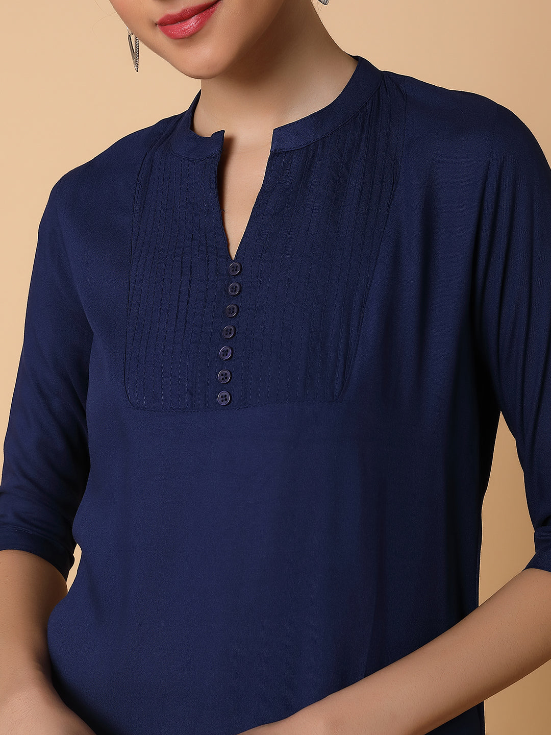 Women Straight Navy Blue Solid Kurta