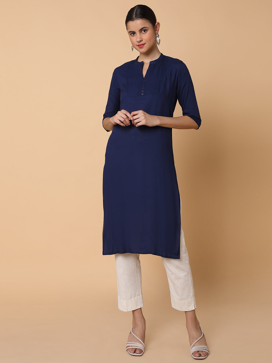 Women Straight Navy Blue Solid Kurta