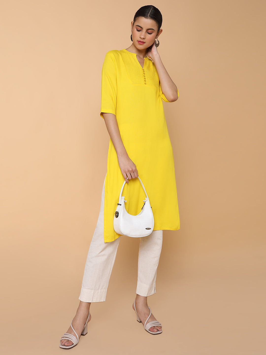 Women Straight Yellow Solid Kurta