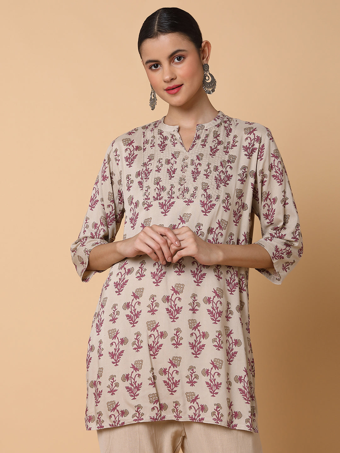 Women Floral Beige Straight Kurti