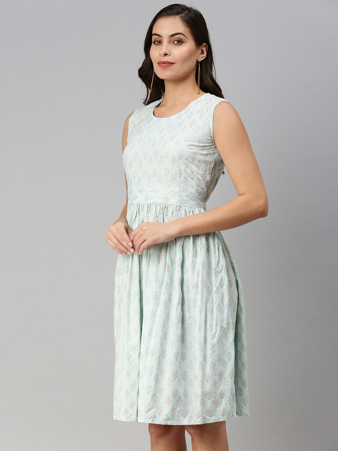 Women Printed Fit and Flare Blue Dress