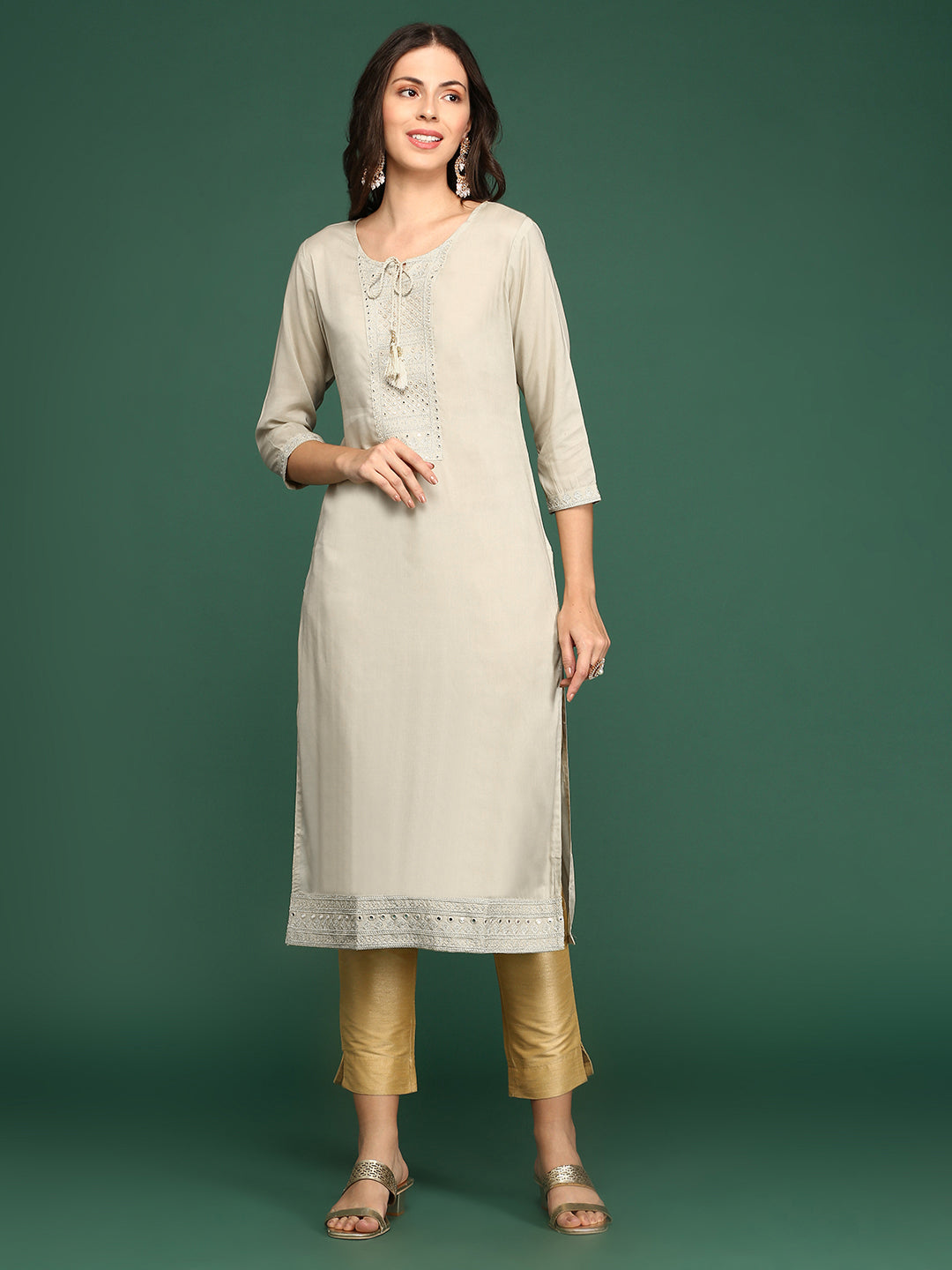 Women's Cream Printed Straight Kurta