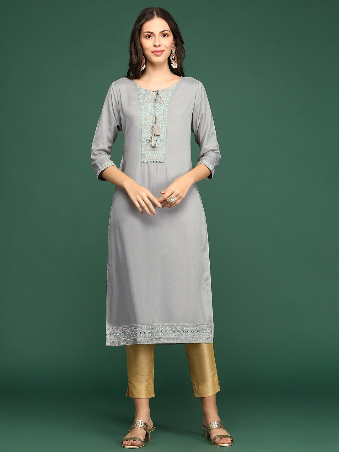 Women Printed Grey Straight Kurta