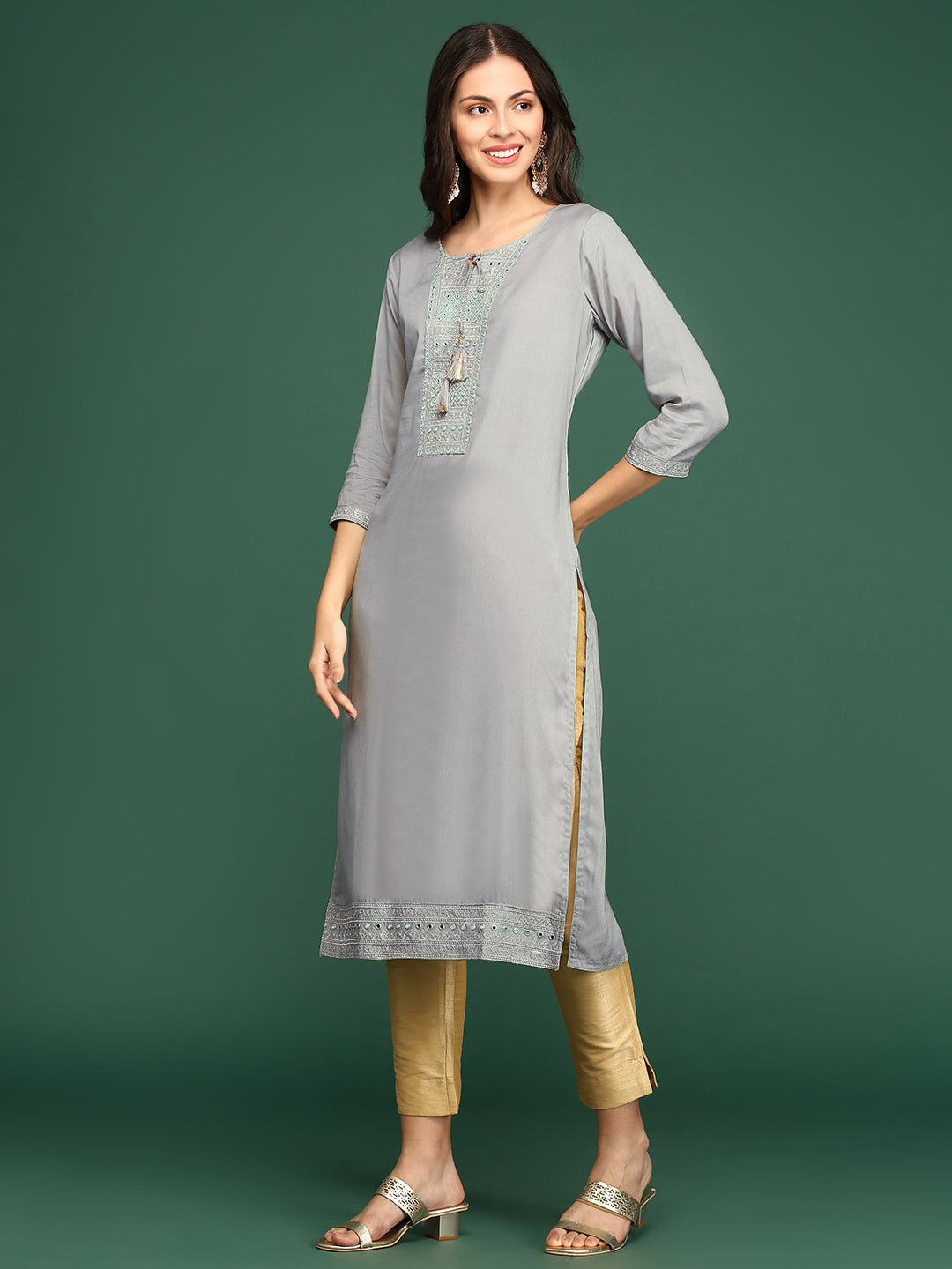 Women Printed Grey Straight Kurta